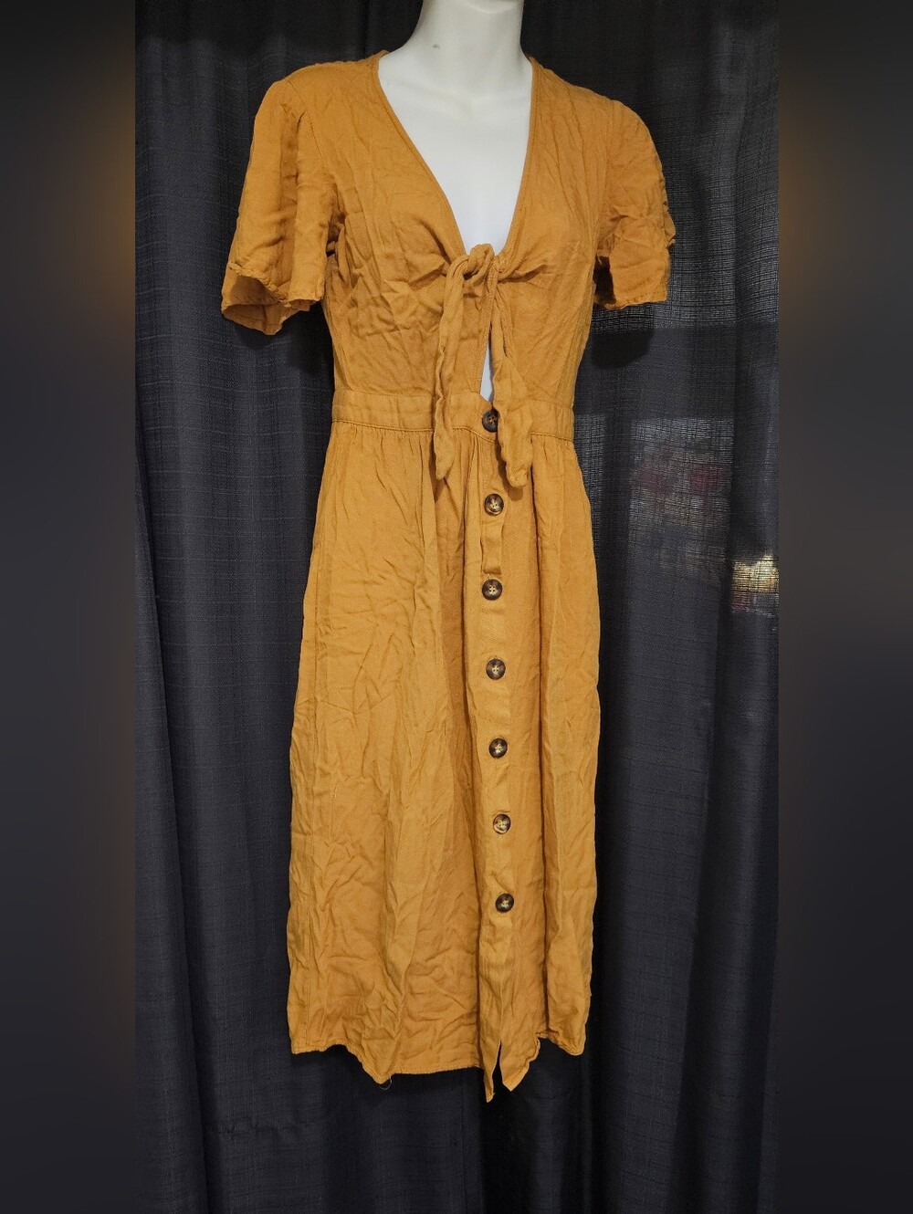 Mimi Chica Mustard Tie-Front Button Midi Dress